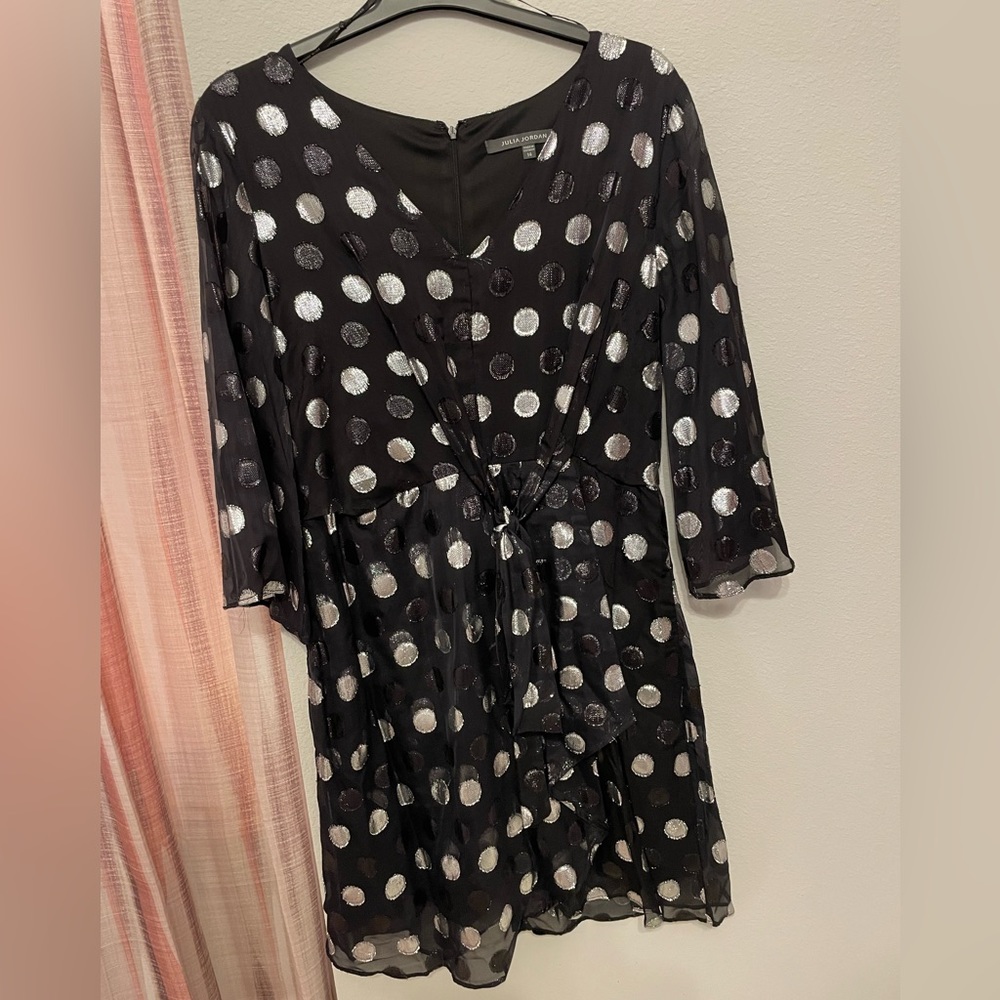 Julia Jordan Fit And Flare Tie Front Clip Dot Chiffon In Black Polka Dot size 14